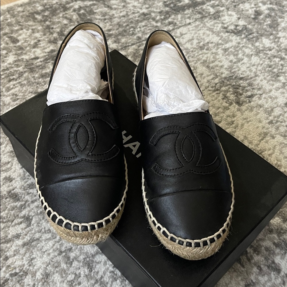 CHANEL Black Leather Espadrilles